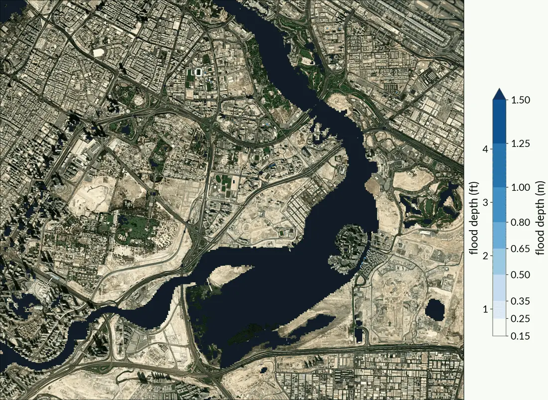 Animated modeled pluvial flood depths over Dubai, April 2024 event