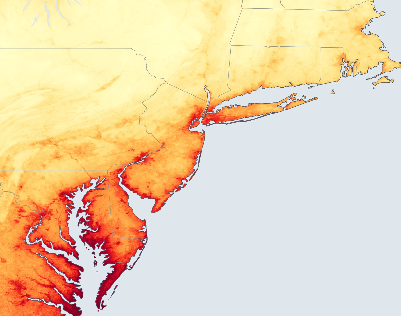 Degree Day 1 km map of warm nights per year across the US Northeast, resolving hot urban cores, cooler parks, and waterfront gradients