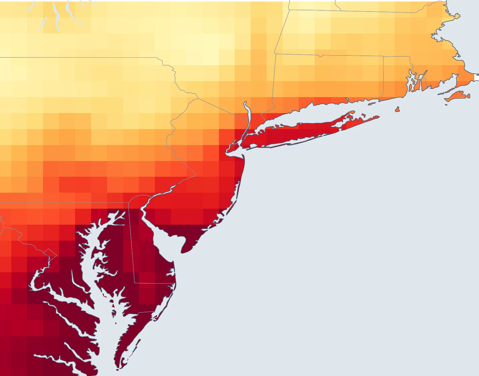 Coarse ERA5 map of warm nights per year across the US Northeast, a blocky low-resolution field